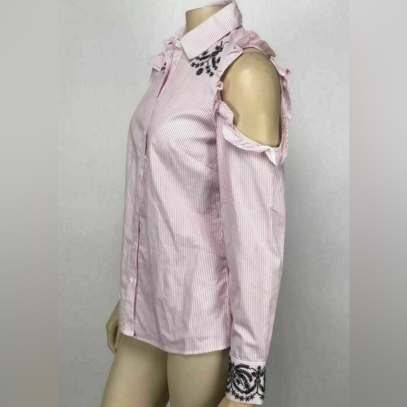 Nanette Lepore Cold Shoulder Pink Striped ButtonUp Top, Ruffled & Embroidered - Picture 7 of 10